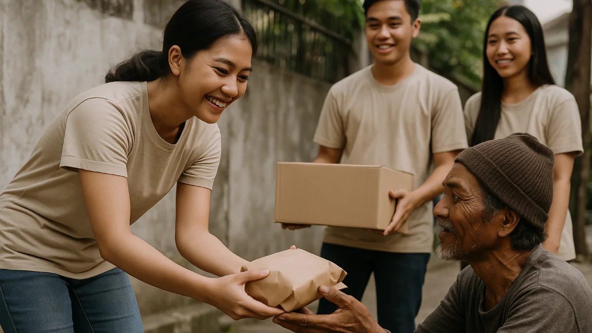 Seorang perempuan muda menyerahkan paket kardus kepada seorang lansia, didampingi tiga relawan lainnya sebagai simbol aksi sosial yang menggambarkan kepedulian dan bantuan langsung kepada sesama.