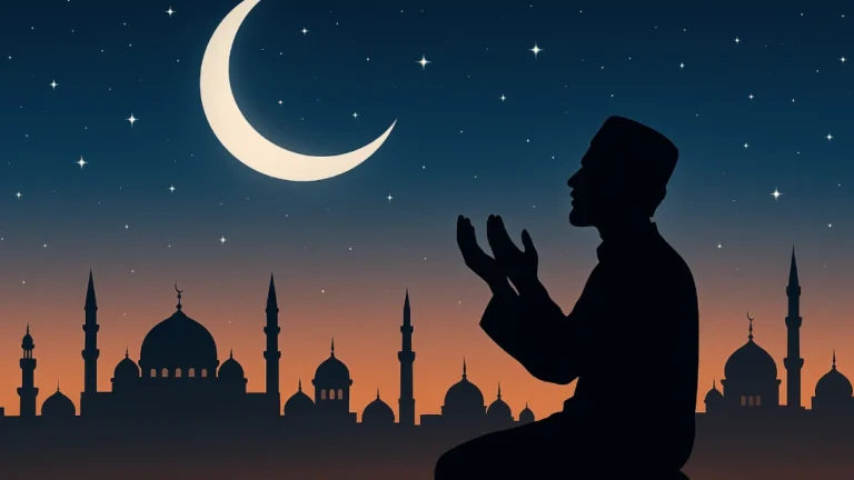 Siluet seorang pria berbusana putih dan berpakaian Islam sedang berdoa dengan tangan terangkat, dikelilingi oleh cahaya bulan sabit, bintang, dan siluet masjid yang megah, melambangkan Doa Pergantian Tahun Baru Islam.