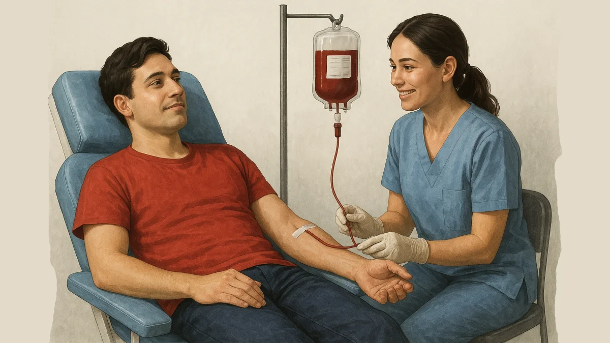 Seorang relawan donor darah menerima apresiasi simbolis dari tim medis, menggambarkan filantropi dari kegiatan donor darah sebagai kontribusi nyata untuk kemanusiaan dan kesehatan kolektif.