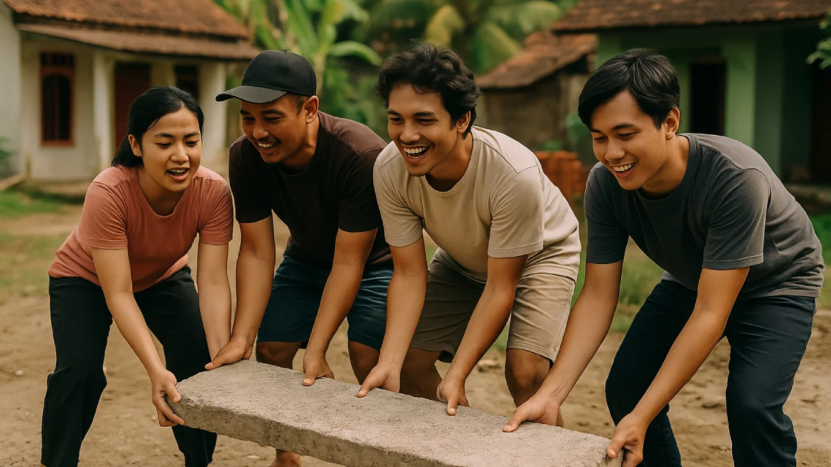 Sejumlah individu bekerja sama mengangkat batu beton berat dengan senyum ceria, melambangkan semangat gotong royong dalam menyelesaikan tugas bersama.