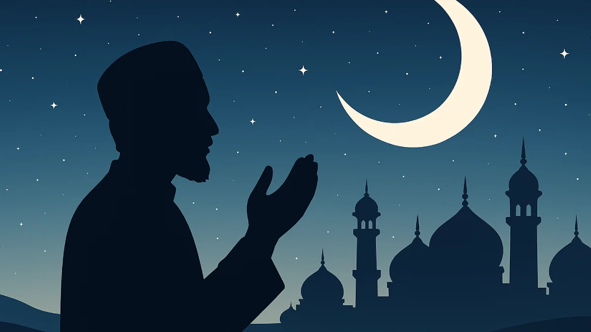 Siluet seorang pria berbusana putih dan berpakaian Islam sedang berdoa dengan tangan terangkat, dikelilingi oleh cahaya bulan sabit, bintang, dan siluet masjid yang megah, melambangkan Doa Pergantian Tahun Baru Islam .