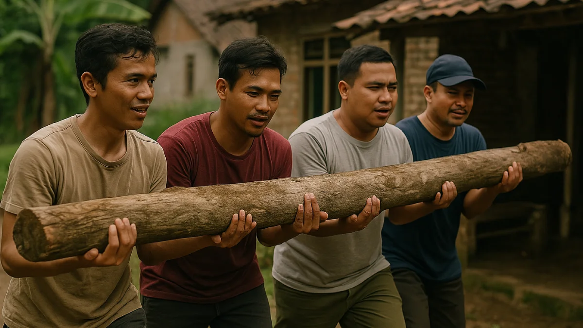 Sejumlah individu bekerja sama mengangkat batu beton berat dengan senyum ceria, melambangkan semangat gotong royong dalam menyelesaikan tugas bersama.