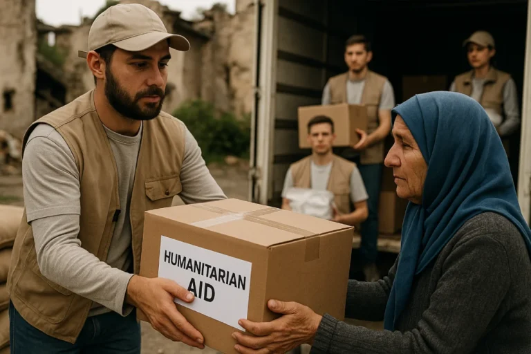 Seorang relawan bantuan kemanusiaan menyerahkan kotak bantuan kepada seorang nenek di tengah lingkungan yang rusak.