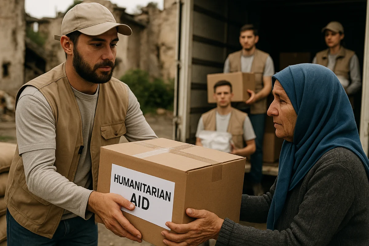 Seorang relawan bantuan kemanusiaan menyerahkan kotak bantuan kepada seorang nenek di tengah lingkungan yang rusak.