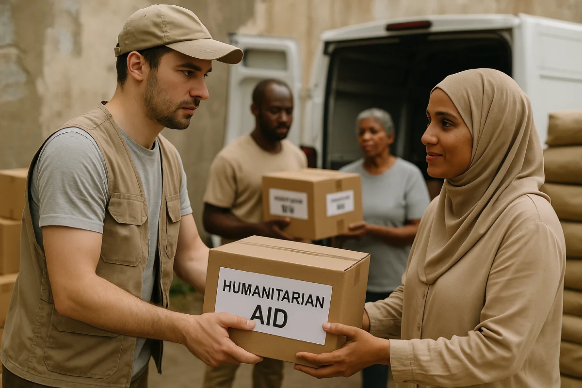 Seorang relawan bantuan kemanusiaan menyerahkan kotak bantuan kepada seorang nenek di tengah lingkungan yang rusak.