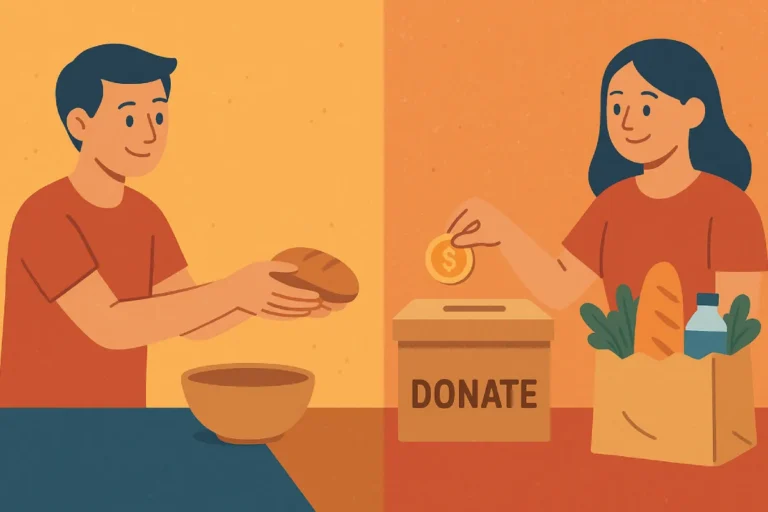 Seorang pria memberikan roti kepada seseorang, sementara seorang wanita meletakkan uang ke dalam kotak donasi, menunjukkan perbedaan antara berbagi secara langsung dan melakukan donasi.