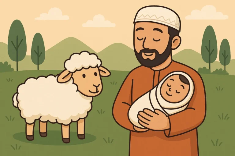 Ilustrasi keluarga muslim sedang mempersiapkan hewan aqiqah sambil memegang bayi, menggambarkan pelaksanaan tata cara aqiqah dalam Islam secara syar’i.
