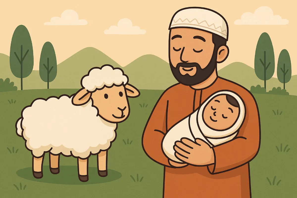 Ilustrasi keluarga muslim sedang mempersiapkan hewan aqiqah sambil memegang bayi, menggambarkan pelaksanaan tata cara aqiqah dalam Islam secara syar’i.