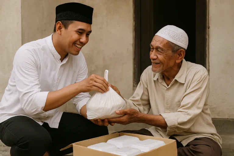 Seorang pria muda memberikan tas beras kepada seorang lansia dengan senyum ramah, menunjukkan aksi berbagi dalam tradisi Jumat Berkah.