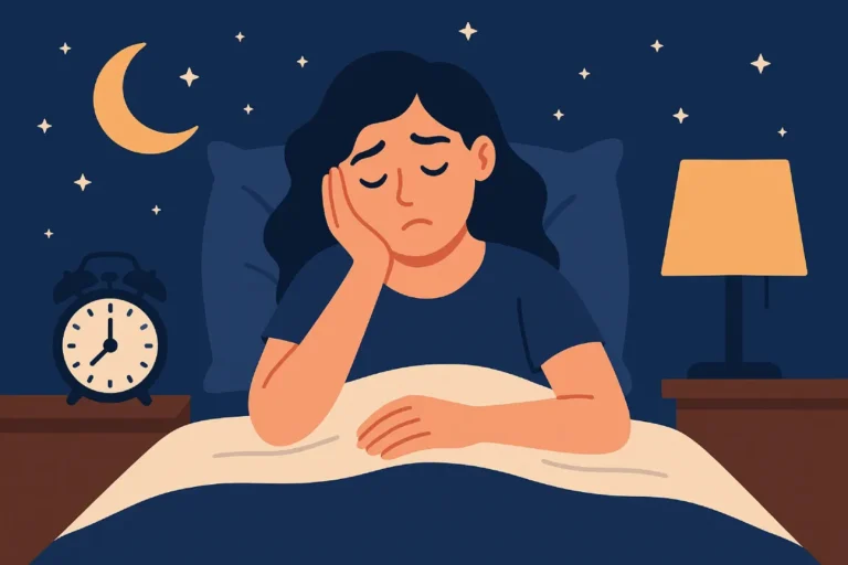 Seorang wanita terlihat kesulitan tidur di tempat tidurnya, dengan tangan memegang dahinya, menunjukkan pentingnya menerapkan tips untuk mendapatkan kualitas istirahat yang baik.