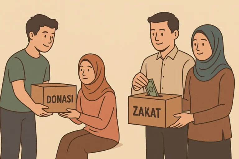 Beberapa orang sedang menyalurkan bantuan ke kotak donasi dan zakat, menggambarkan perbedaan antara keduanya.